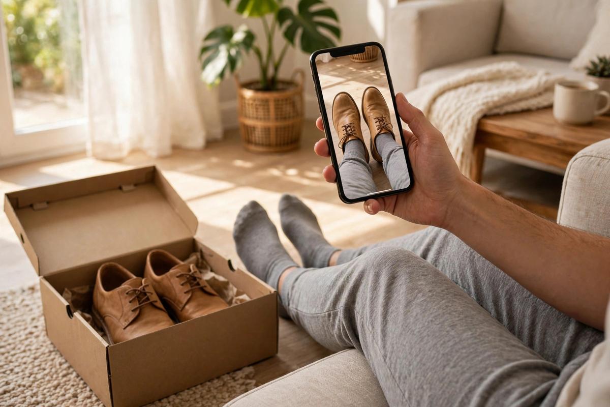 Shopper at home holding a smartphone showing tan leather shoes at true size on their own feet beside the shoe box