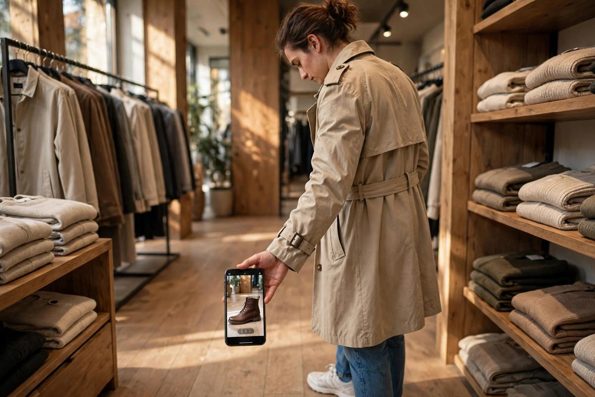 Person at home pointing a smartphone at their own feet, the phone screen showing brown leather boots at true size in the room light