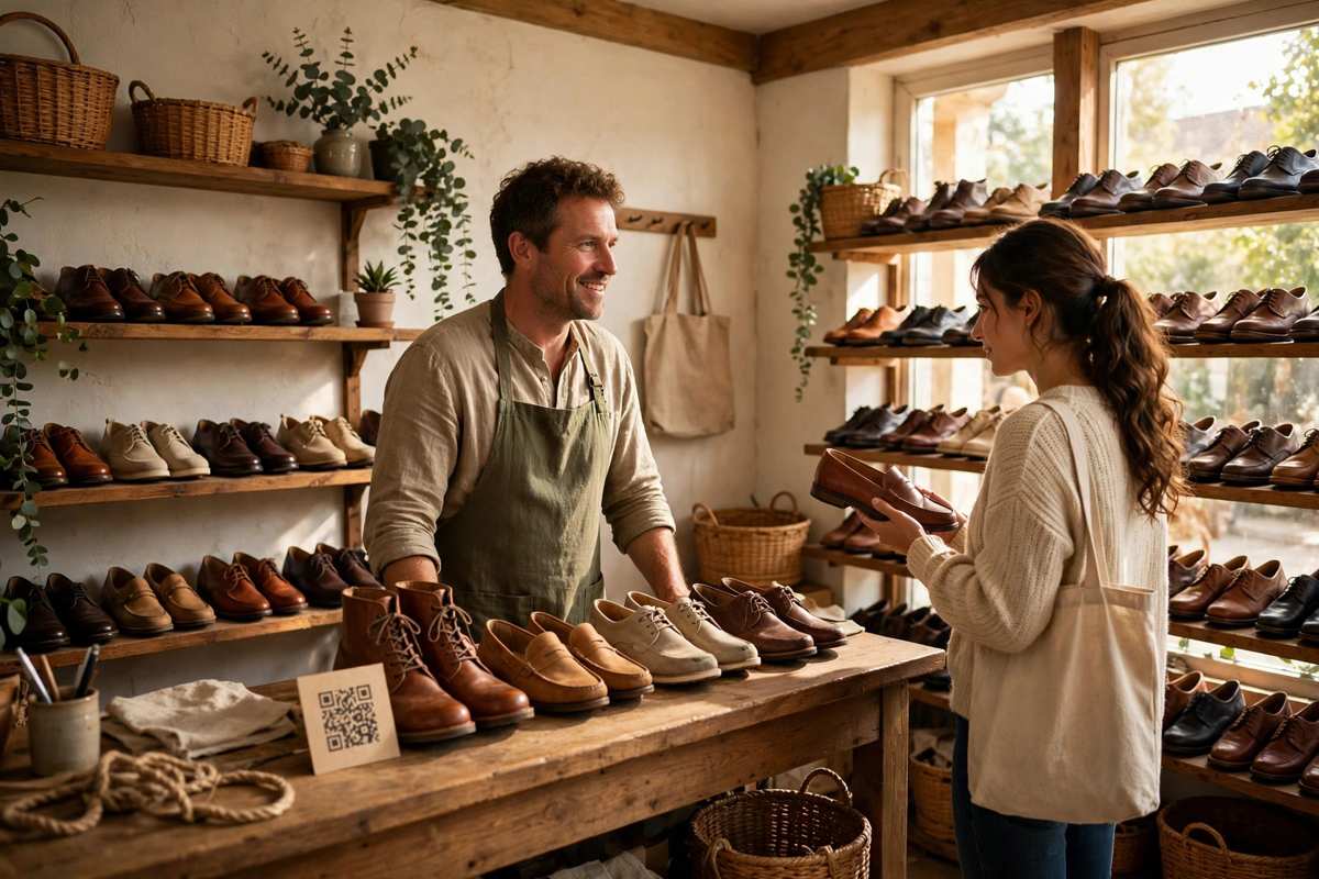 Small shoe shop owner at a counter with neatly arranged leather shoes and a QR code card, a customer browsing nearby