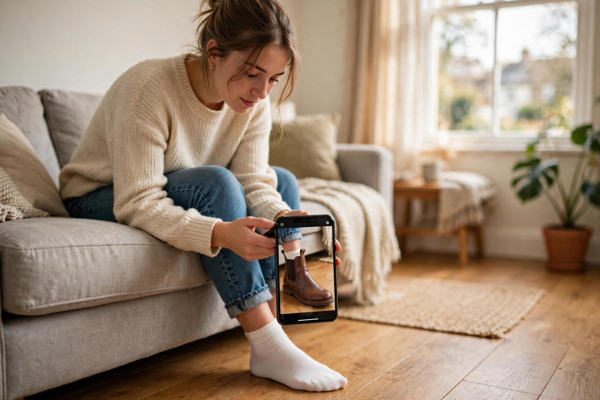 A shopper in her living room using her phone to see a chelsea boot in AR try-on on her own foot