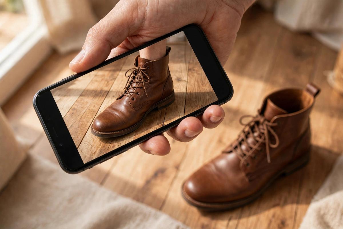Close-up of a phone showing a brown leather boot in AR try-on beside the real boot