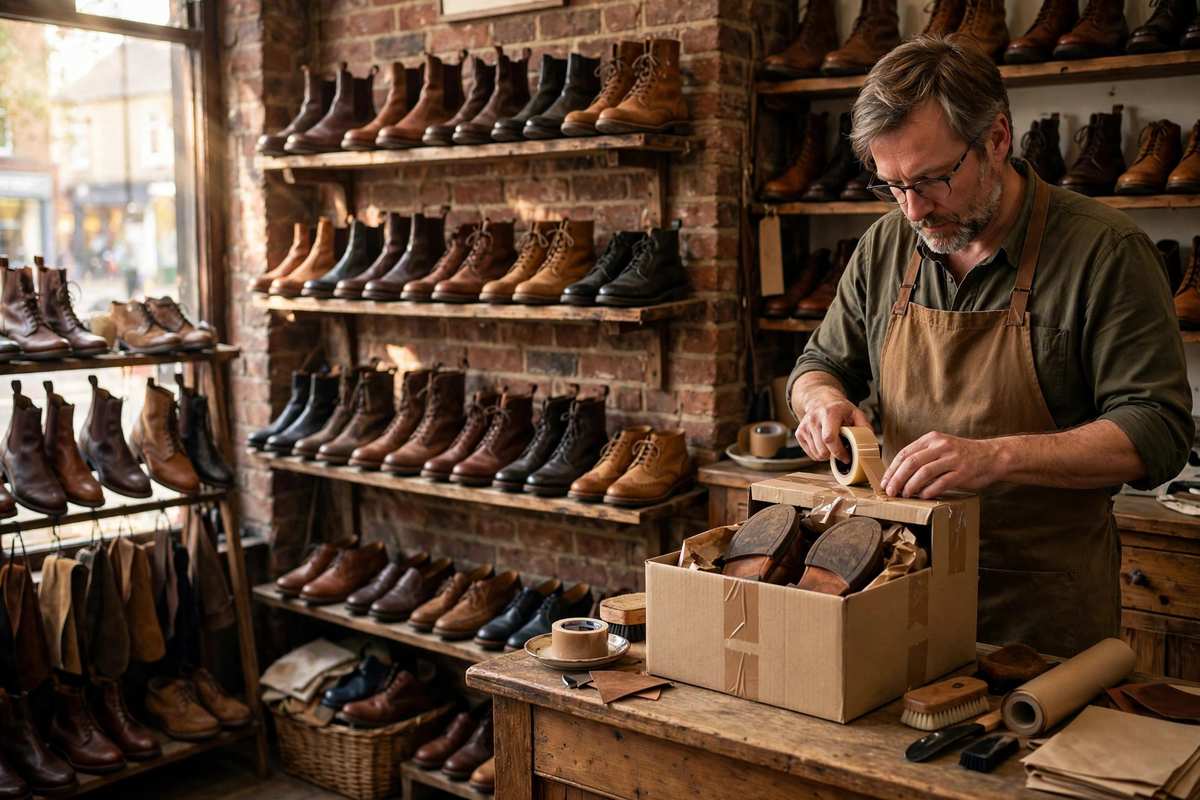 A shopkeeper in a small UK shoe shop packing a returned shoe box at the counter