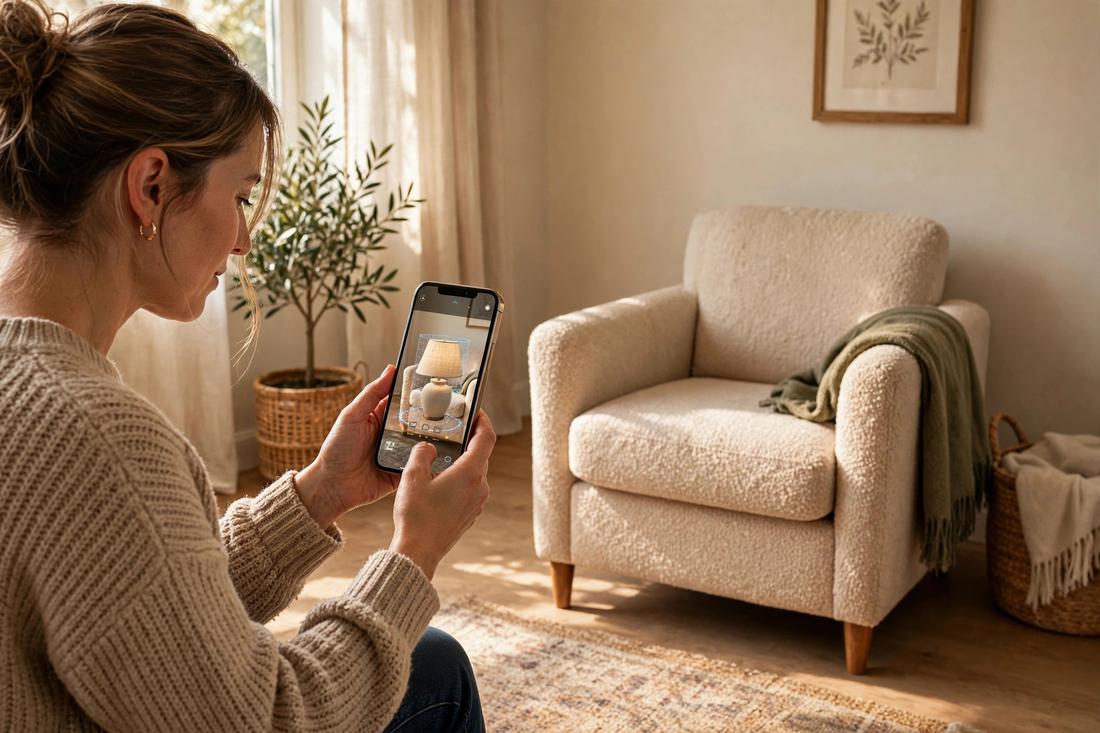 Shopper holding a smartphone showing a ceramic table lamp in true-to-size AR in a warm living room
