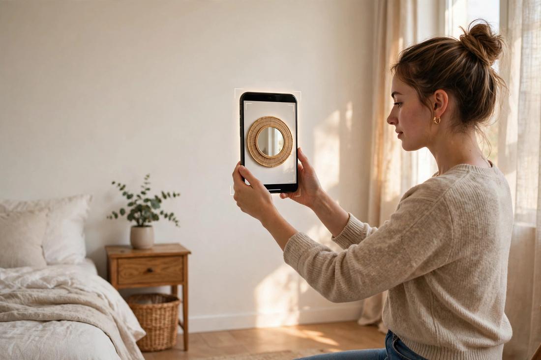 Shopper pointing a smartphone at a bare bedroom wall with a round mirror shown in true-to-size AR on the wall