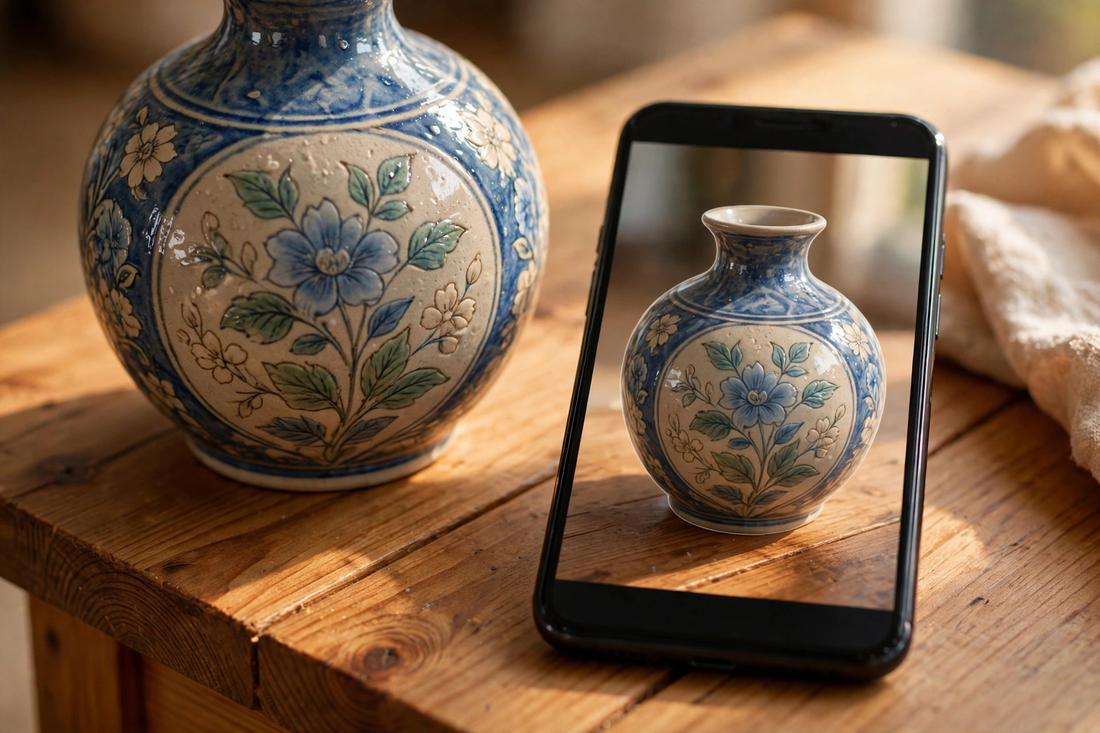 Real ceramic vase on a side table next to a phone showing the same vase in AR at identical true size