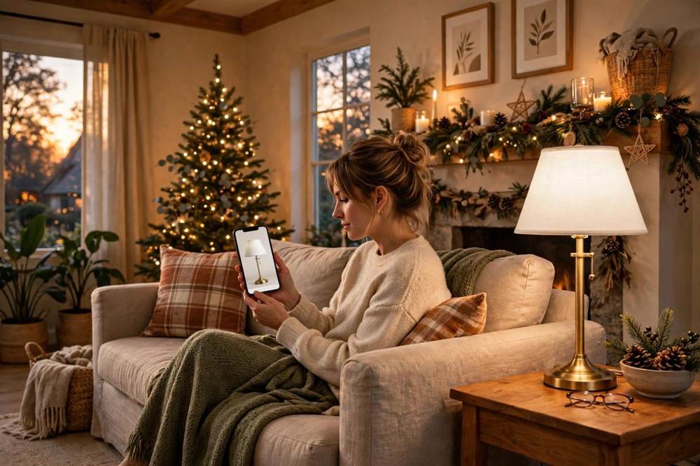 Shopper on a sofa in a holiday decorated living room holding a smartphone showing a table lamp at true size on a side table