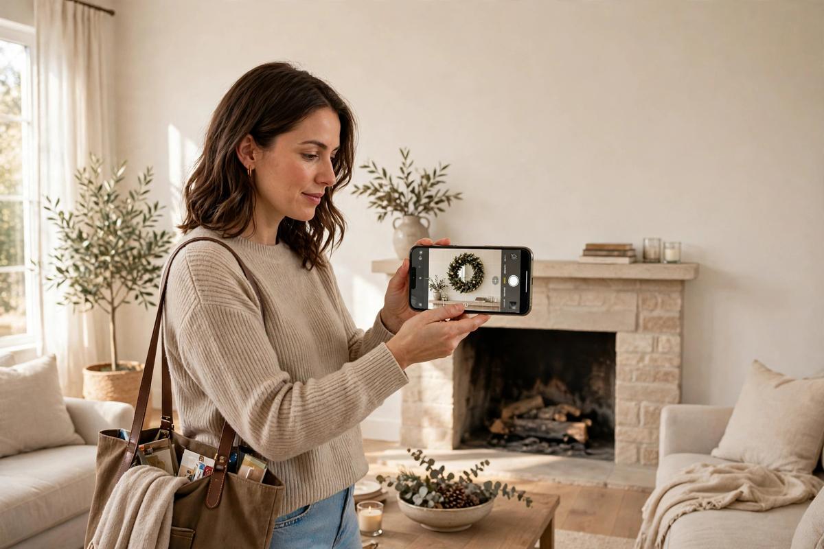 Shopper pointing a smartphone at a fireplace mantel, the screen showing a holiday wreath and mirror arrangement at true size on the wall