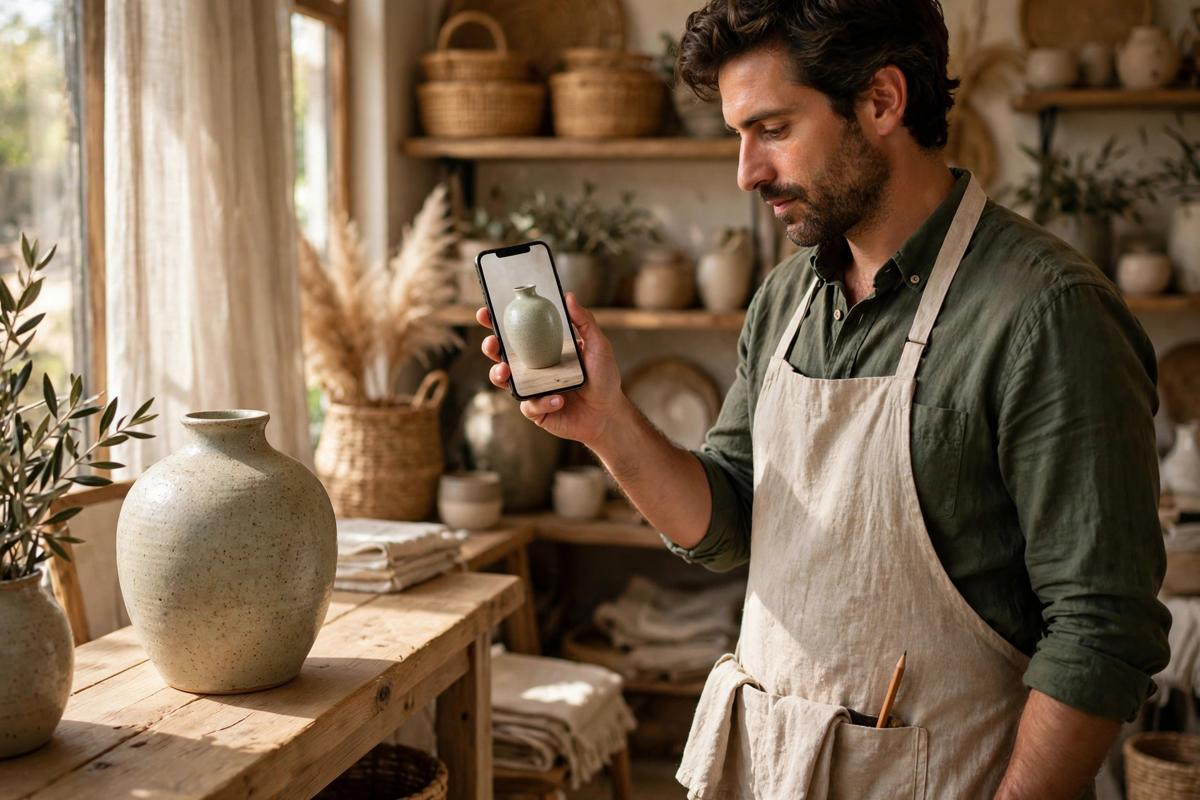Decor shop owner in a home decor store holding a smartphone beside a real ceramic vase, the screen showing the same vase at identical true size