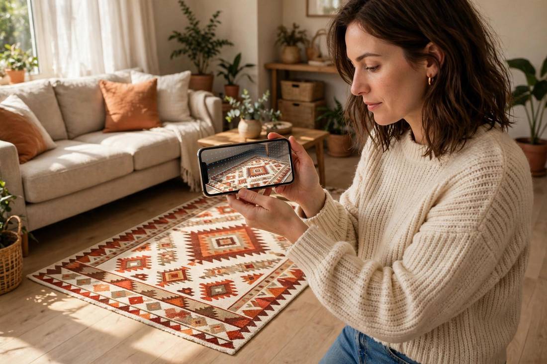 Woman holding a smartphone showing a terracotta patterned rug at true size in AR on a bright living room floor