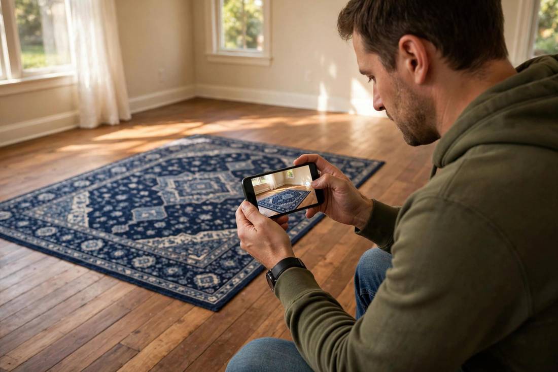 Man pointing a smartphone at an empty sunlit wooden floor, the phone showing a large navy rug appearing true to size in AR