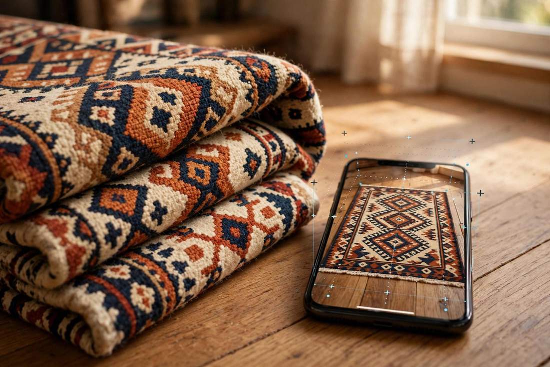 Real patterned wool rug on a wooden floor beside a smartphone showing the same rug in AR at identical true size