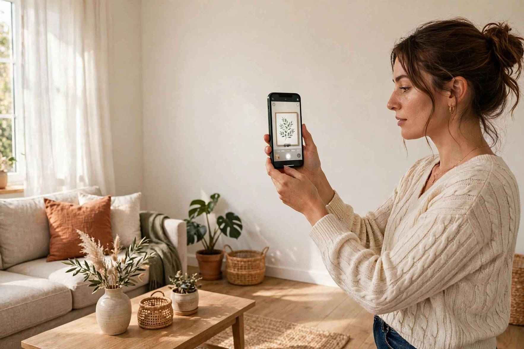Shopper previewing a framed art print at true size on a living room wall through her phone
