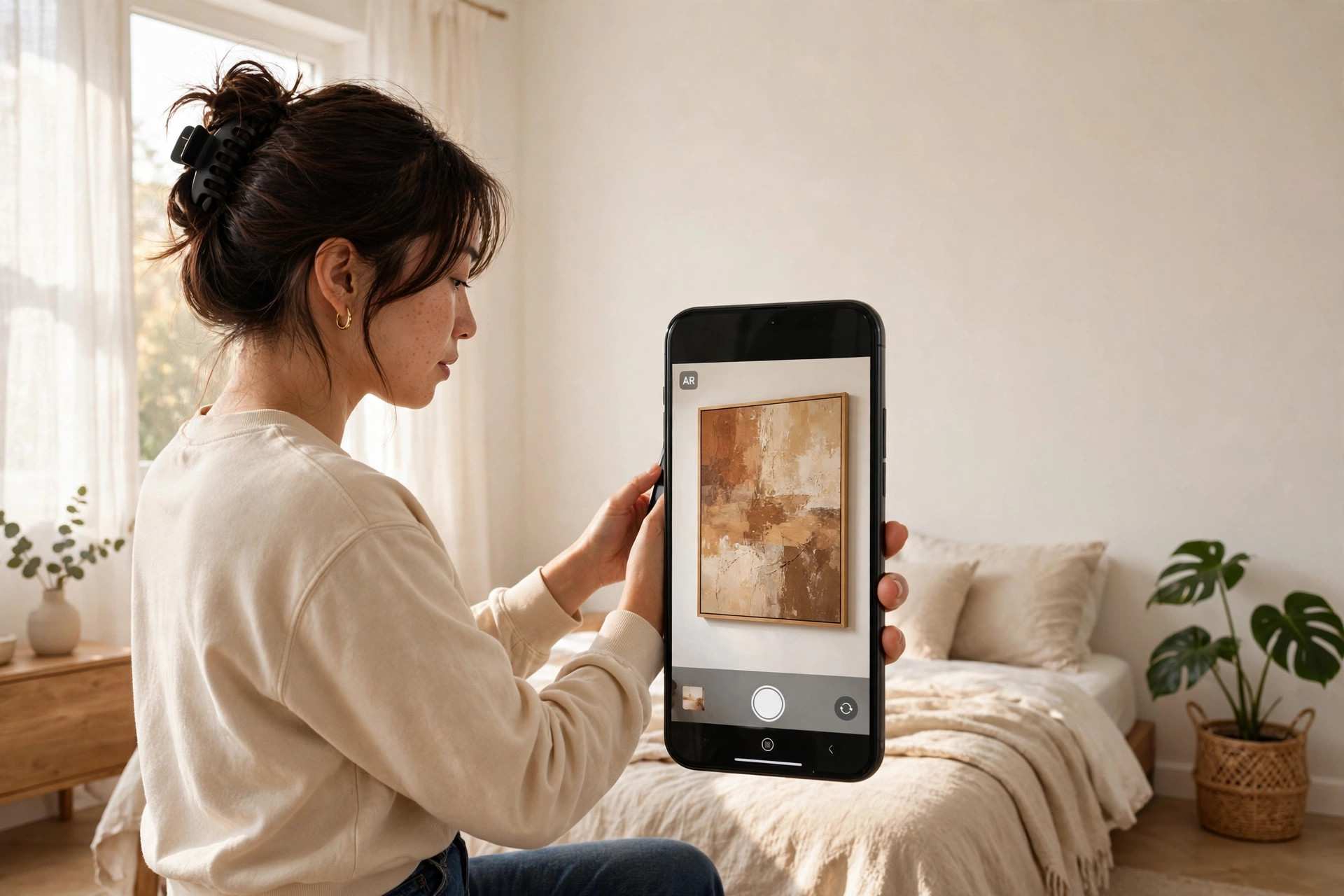 Woman pointing her phone at a bedroom wall with a framed artwork appearing at true scale on the screen
