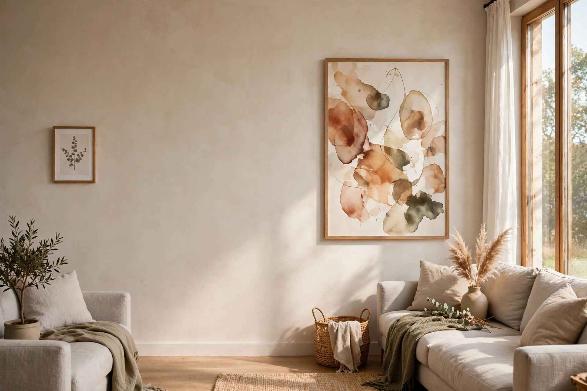 A too-small framed print next to a large artwork that fills the wall at the right size