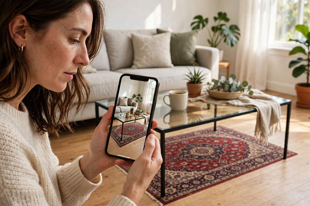 Woman in an American living room holding a smartphone showing a Persian-style rug at true size on her wooden floor