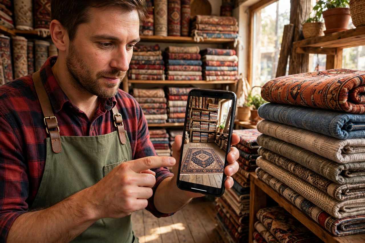 Rug store owner in a small American rug shop showing a rug at true size on his smartphone screen