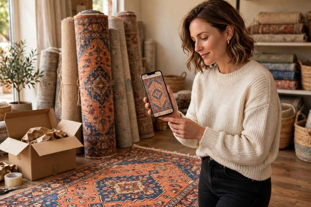 Woman in a rug showroom holding a smartphone showing a rug at true size beside an open shipping box