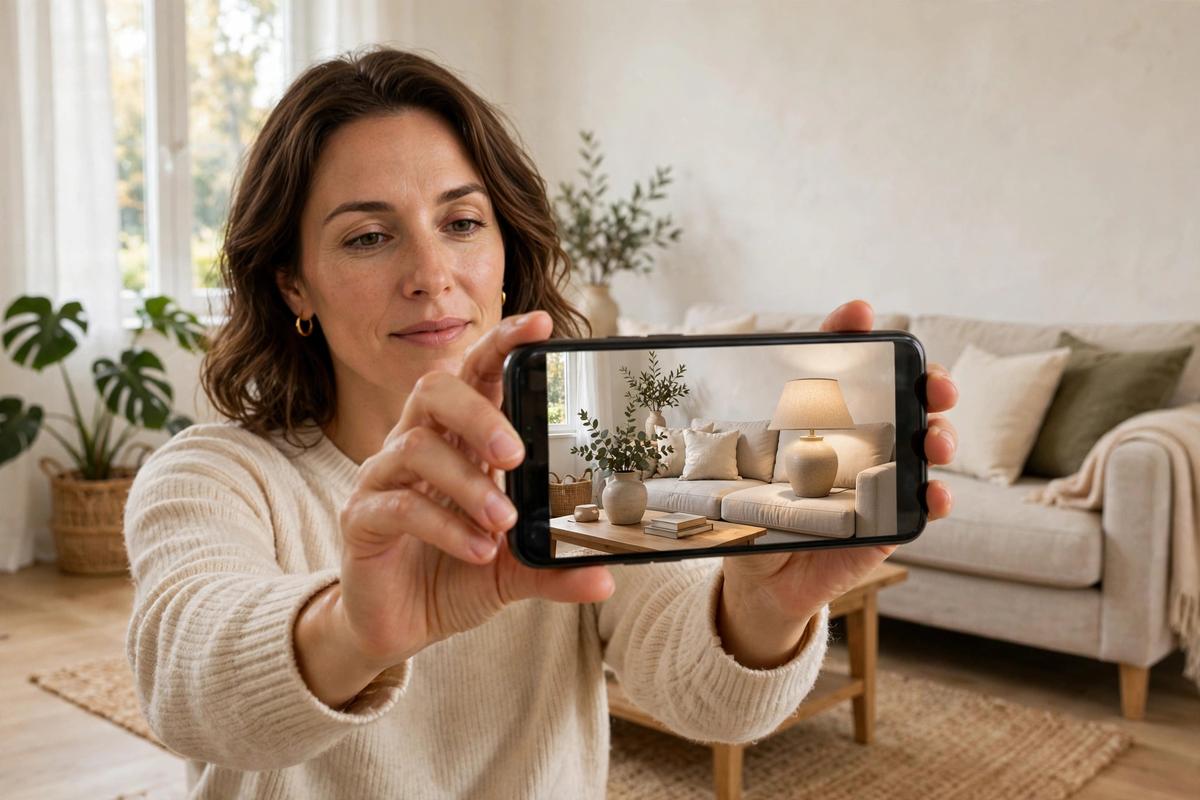 A shopper in a bright living room checking a table lamp at true size on her phone screen