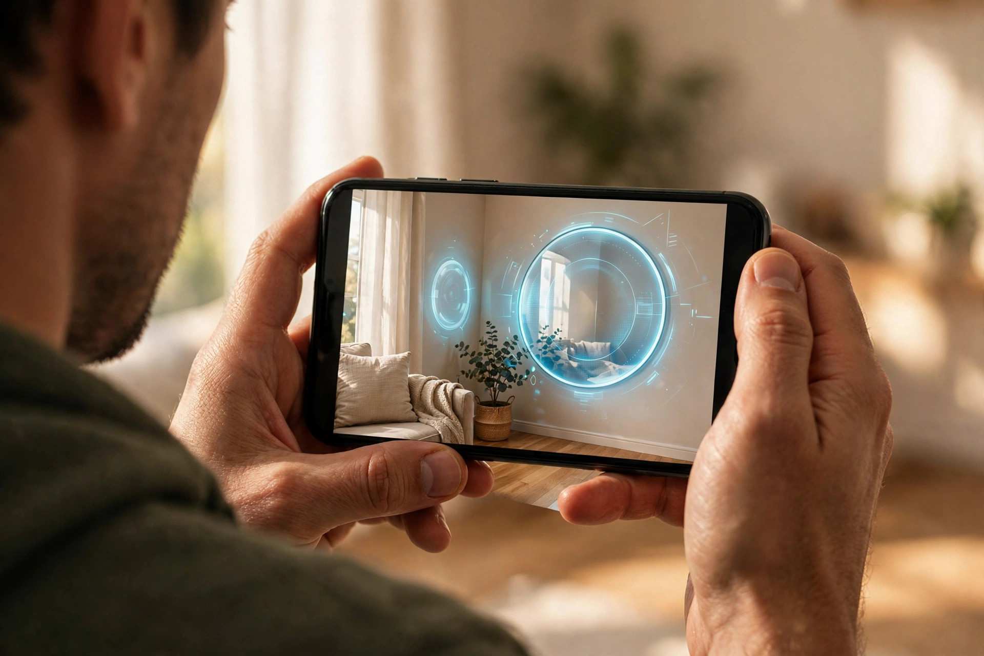 A shopper checking whether a mirror fits his wall by pointing his phone at it