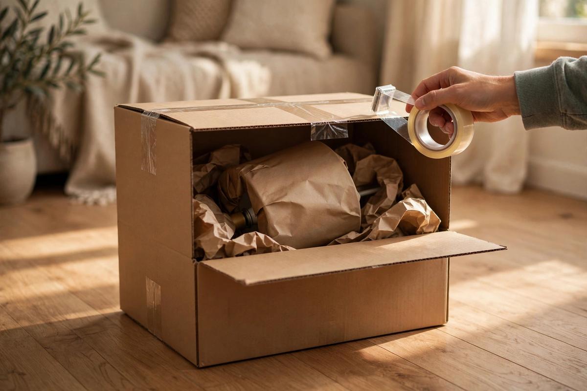 A hand taping up a shipping box with a lamp packed inside for return