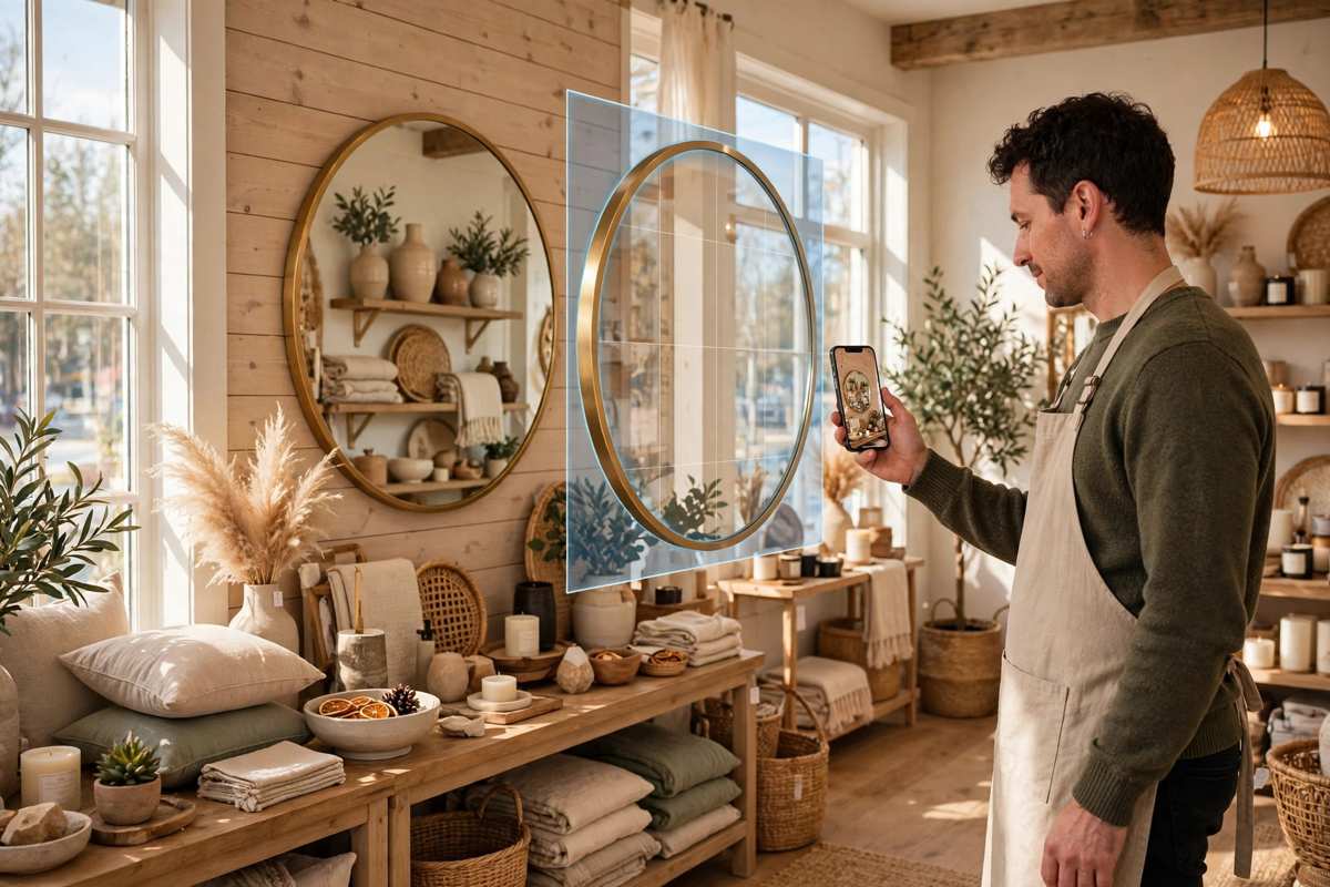 Decor store owner holding a smartphone showing a large round wall mirror in true size AR beside the real mirror in the shop