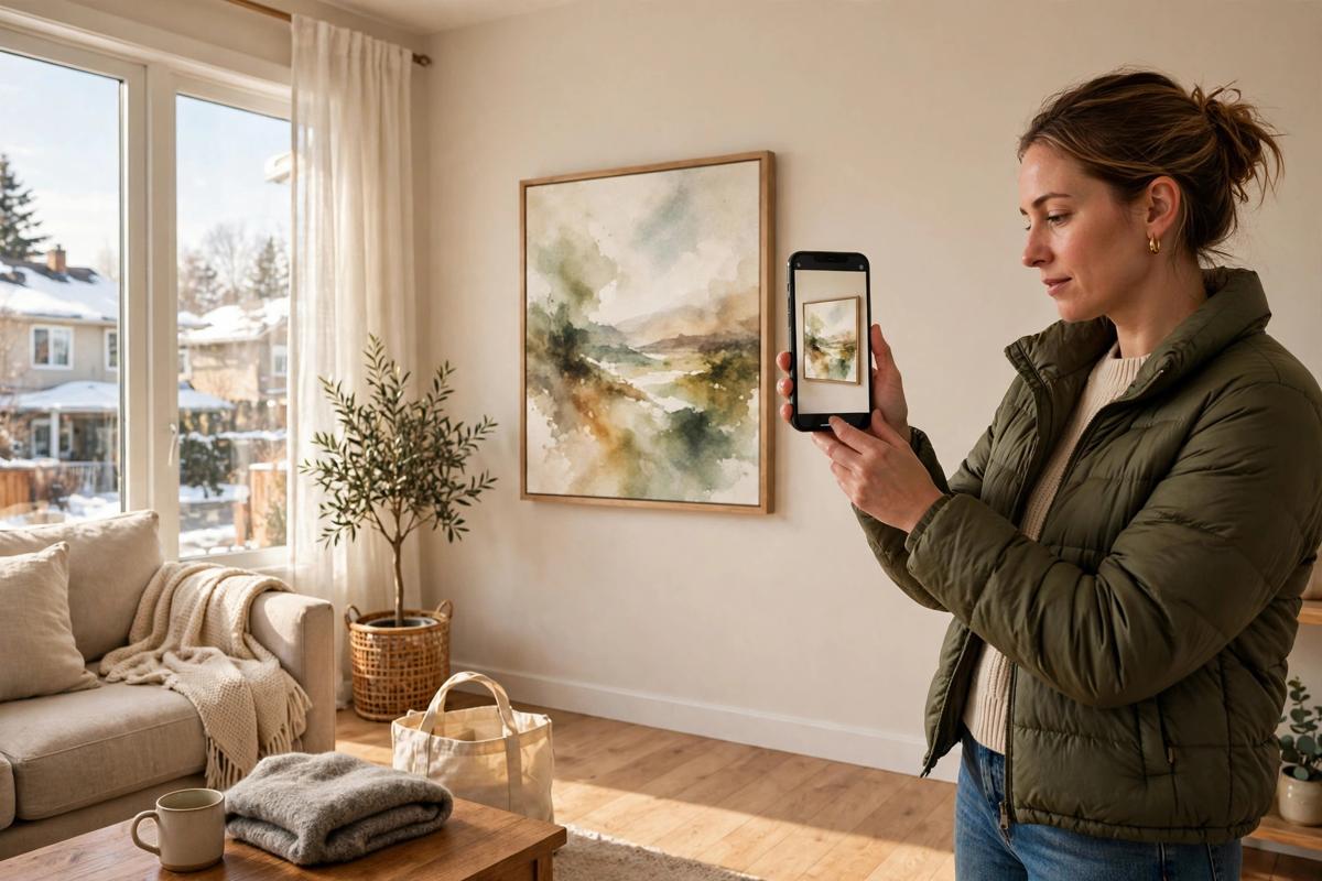 Shopper in a bright Canadian living room pointing a smartphone at an empty wall, the screen showing a large framed canvas art at true size