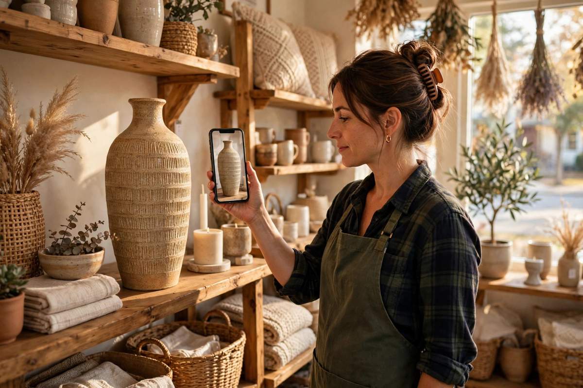 Decor shop owner holding a smartphone beside a real tall ceramic vase, the screen showing the same vase at identical true size