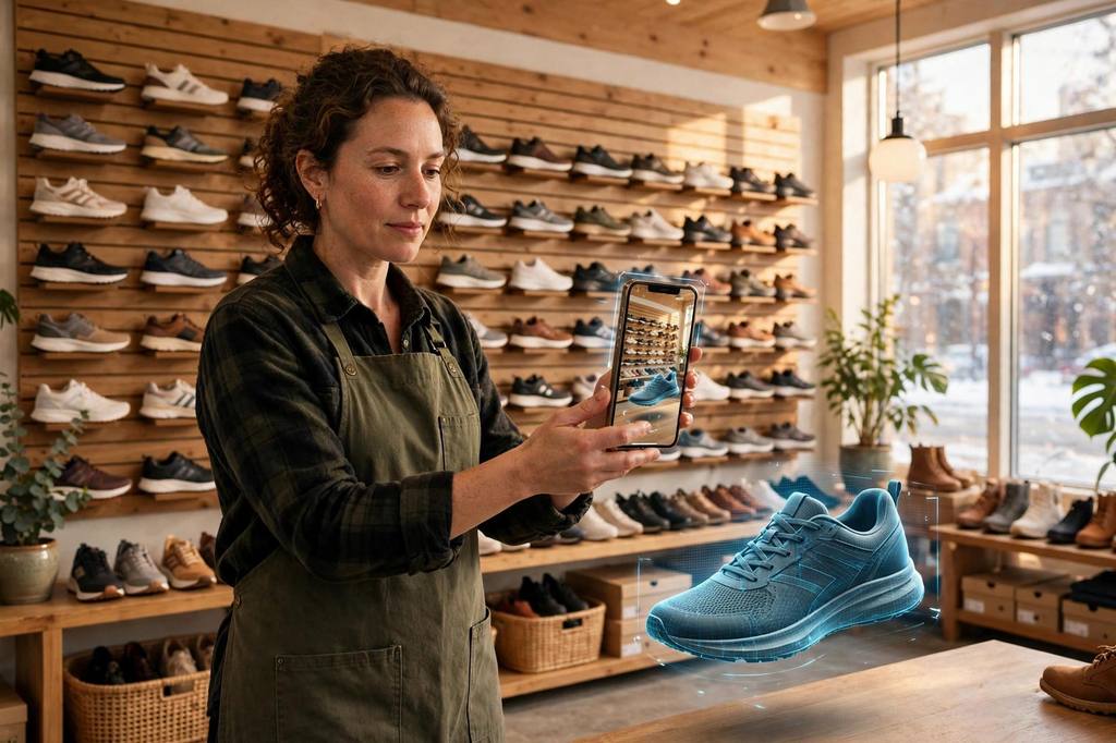 Shoe store owner in a bright boutique holding a smartphone toward a sneaker display, the screen showing a true-to-size AR view of the shoe