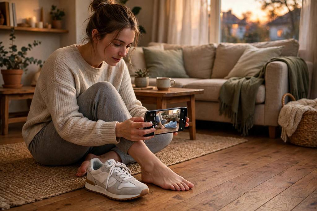 Shopper at home pointing a smartphone at her own foot, the screen showing a sneaker in true-to-size AR for a size check