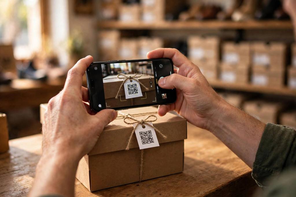 Store owner scanning a QR code tag tied to a shoebox with a smartphone