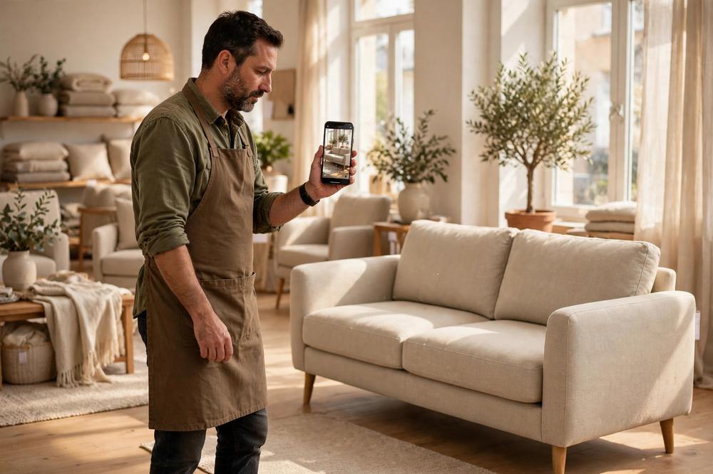 Furniture store owner in a bright showroom holding a smartphone showing a fabric sofa at true size beside the real sofa