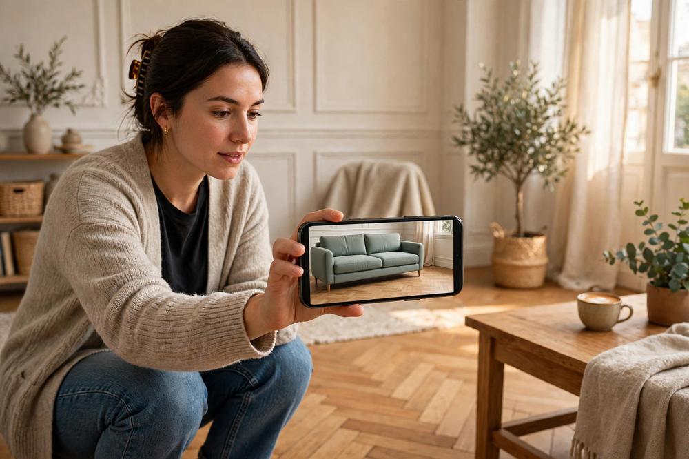 Shopper in a bright living room pointing a smartphone at an empty floor space, the screen showing a modern sofa at true size