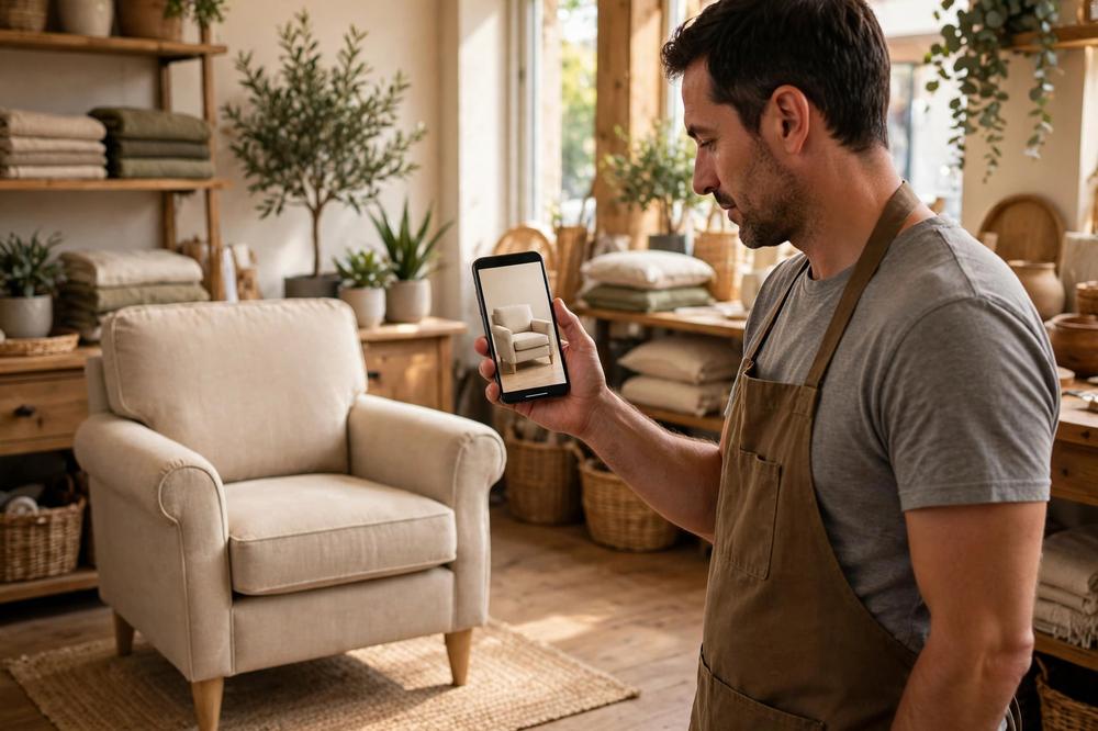 Furniture store owner holding a smartphone beside a real beige armchair, the screen showing the same armchair at identical true size