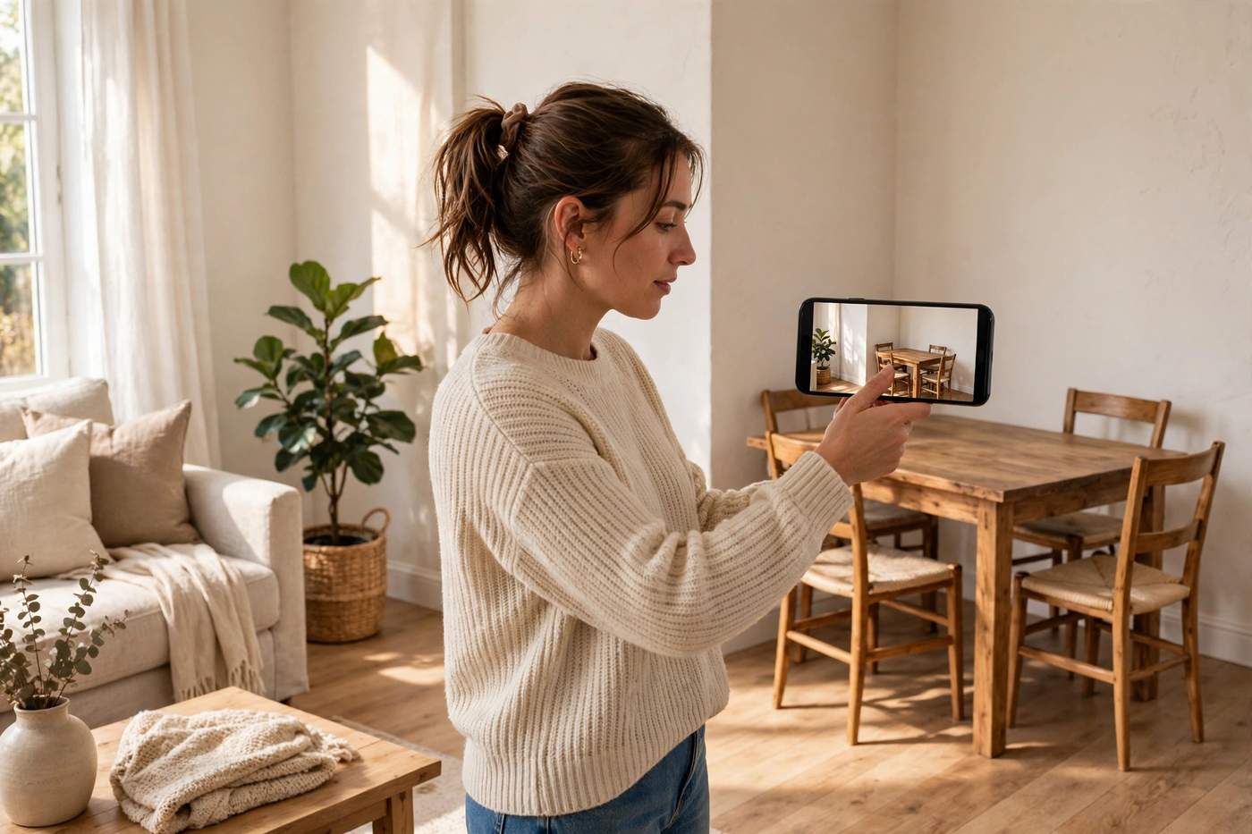 Shopper in a bright US living room pointing her smartphone at an empty corner, the screen showing a wooden dining table in true-to-size AR