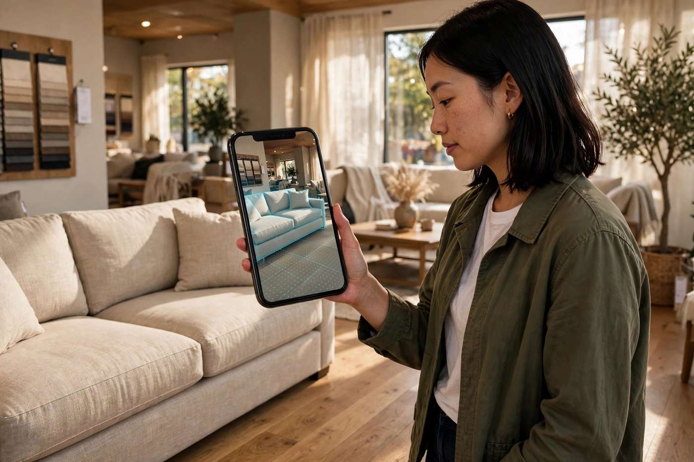 Customer in a US furniture showroom holding a smartphone beside a real beige sofa, the screen showing the same sofa in AR at identical true size