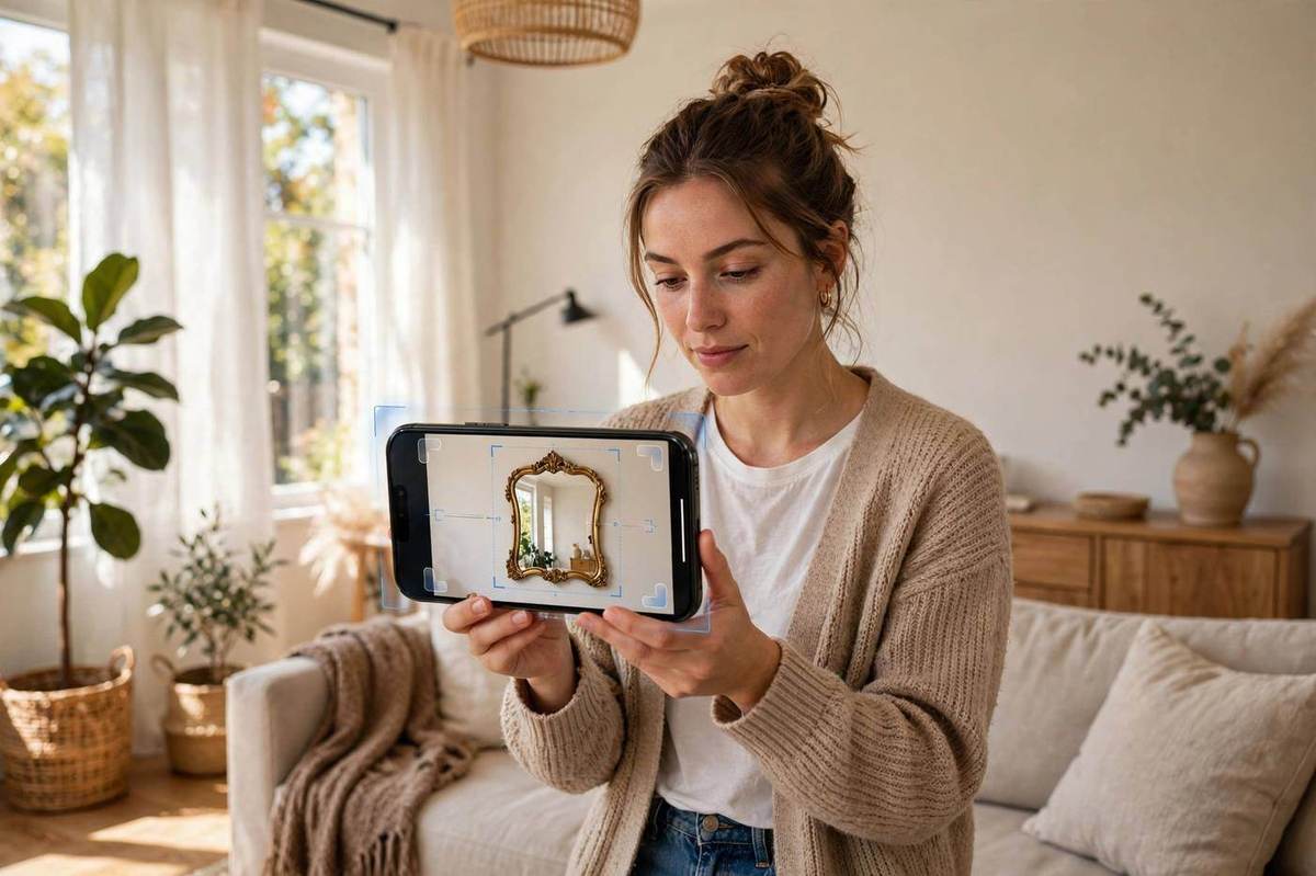 A shopper in a bright living room pointing her phone at the wall where a true-to-size wall mirror appears in AR