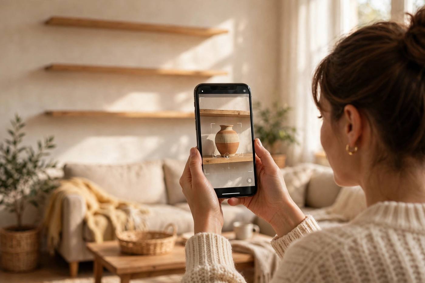 A phone camera showing a true-to-size ceramic vase in AR on a living room shelf