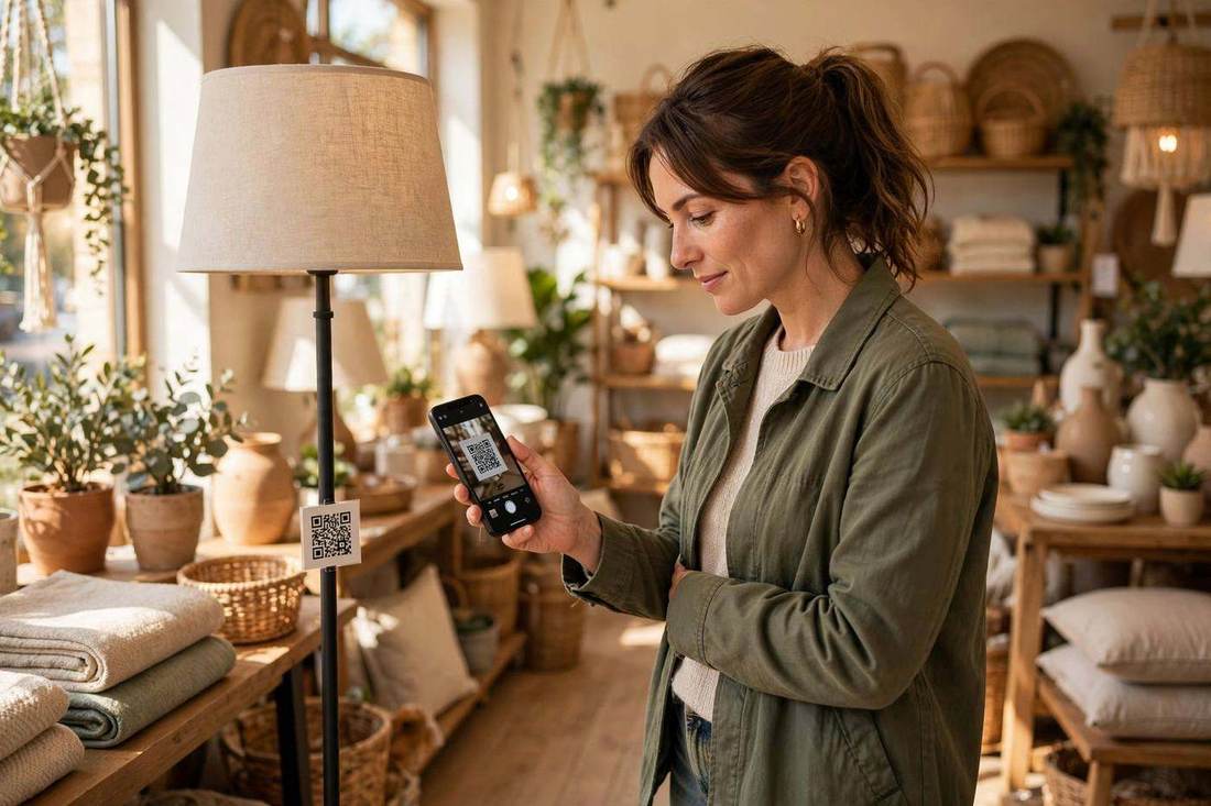 A customer in a decor showroom scanning a QR code on a floor lamp to preview it at true size at home