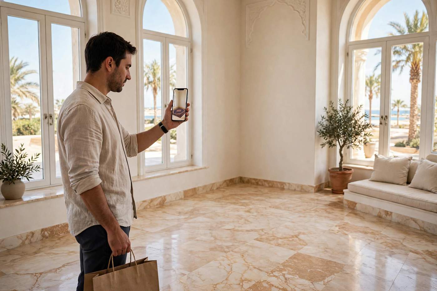 Shopper in a Gulf villa living room holding a smartphone toward an empty marble-floor corner, the screen showing a Persian rug laid at its true size