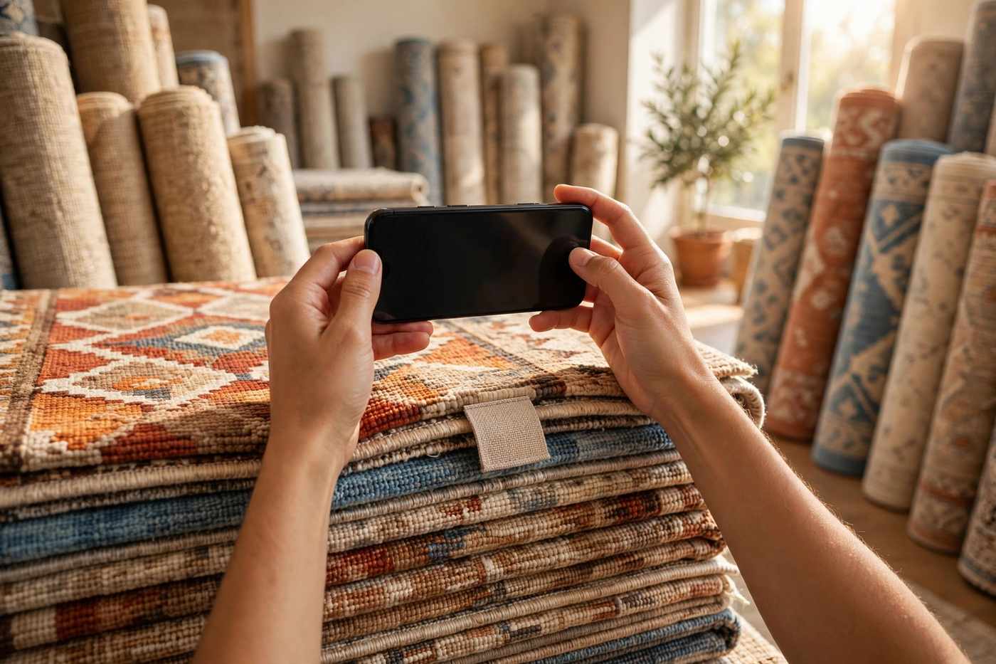 Hands holding a smartphone over stacked rugs in a bright rug showroom, scanning a rug for a true-to-size view