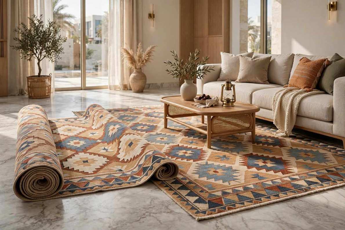 Large patterned rug partly unrolled beside the same rug shown flat at its true size in a Gulf majlis sitting room
