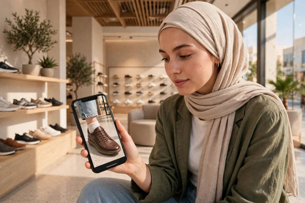 Shopper in a bright shoe store holding a smartphone showing a leather sneaker at true size on their own foot