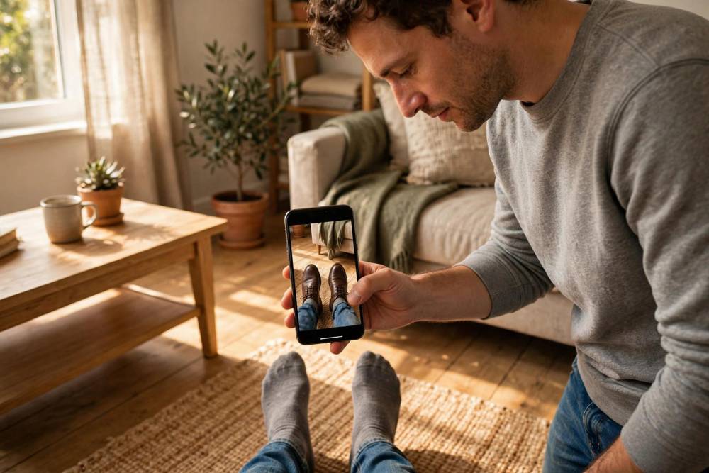 Person at home pointing a smartphone at their own feet, the phone screen showing leather shoes at true size on their feet