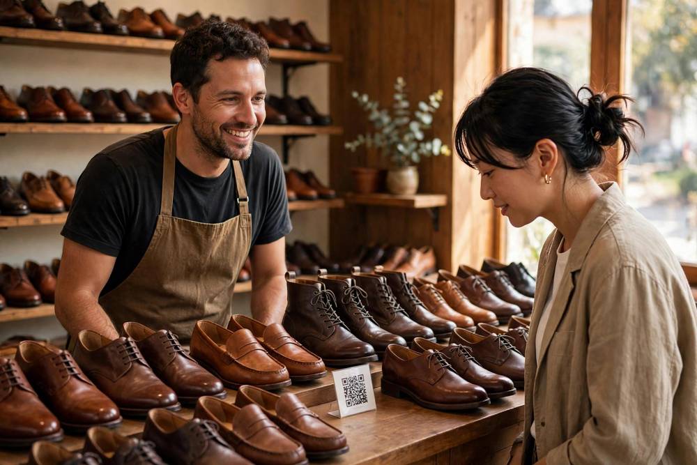 Shoe store owner at a counter with neatly arranged leather shoes and a QR code card, a customer browsing nearby