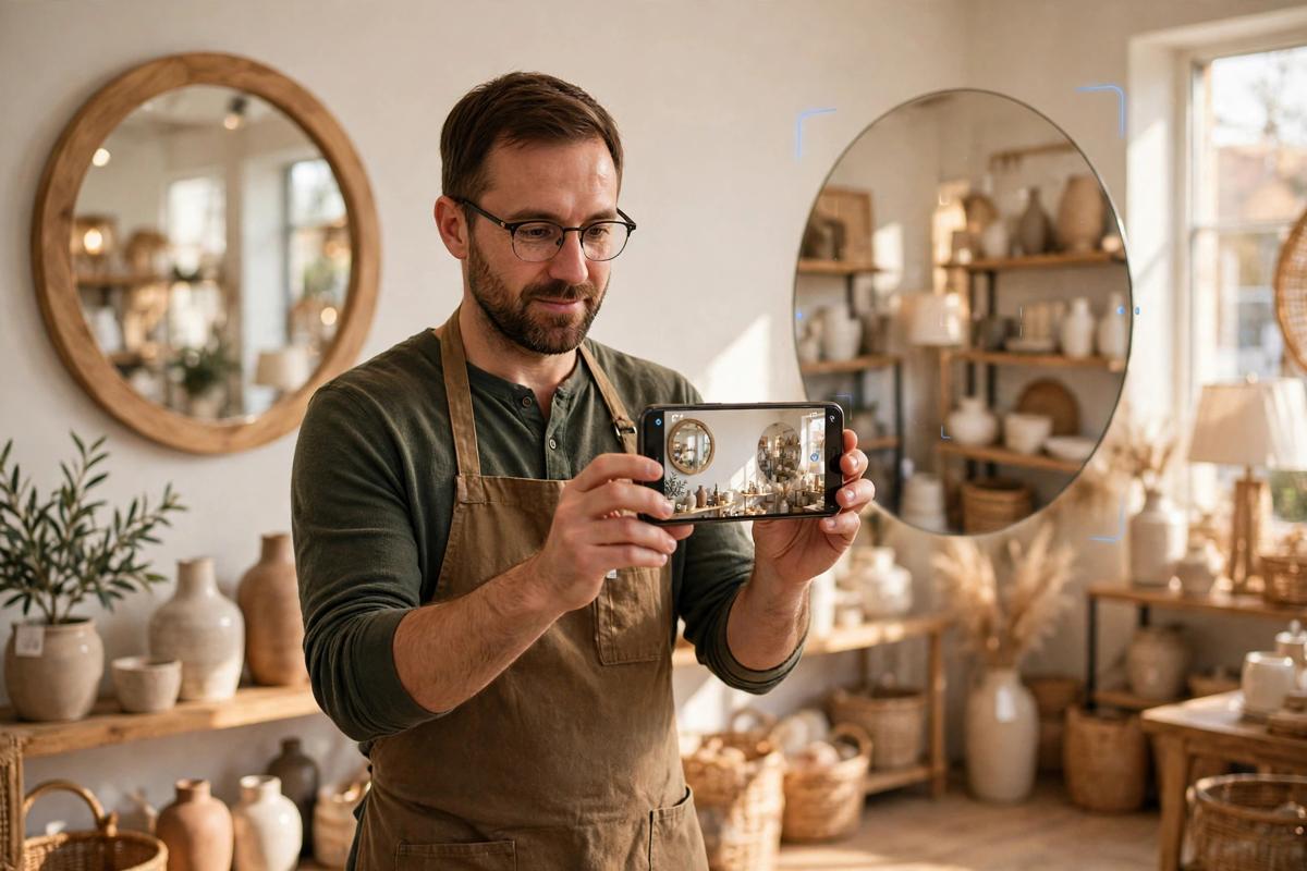 Home decor store owner holding a smartphone showing a large round wall mirror in true-to-size AR beside the real mirror in the shop