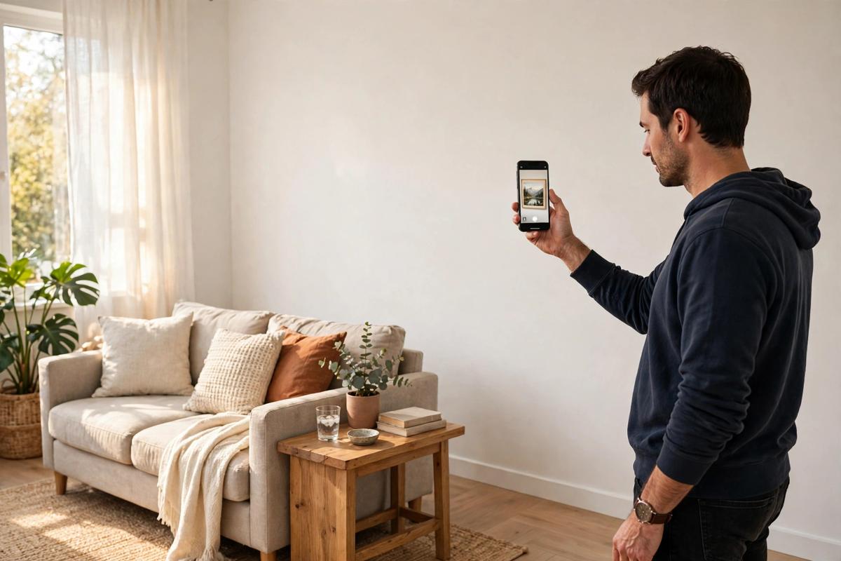 Shopper in a bright American living room pointing a smartphone at an empty wall, the screen showing a large framed canvas artwork at true size