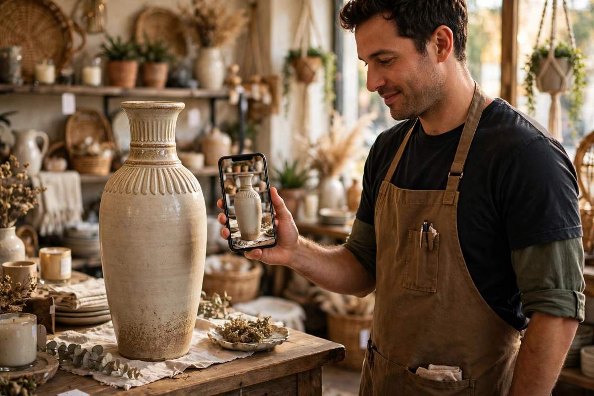 Decor shop owner holding a smartphone beside a real tall ceramic vase, the screen showing the same vase at identical true size