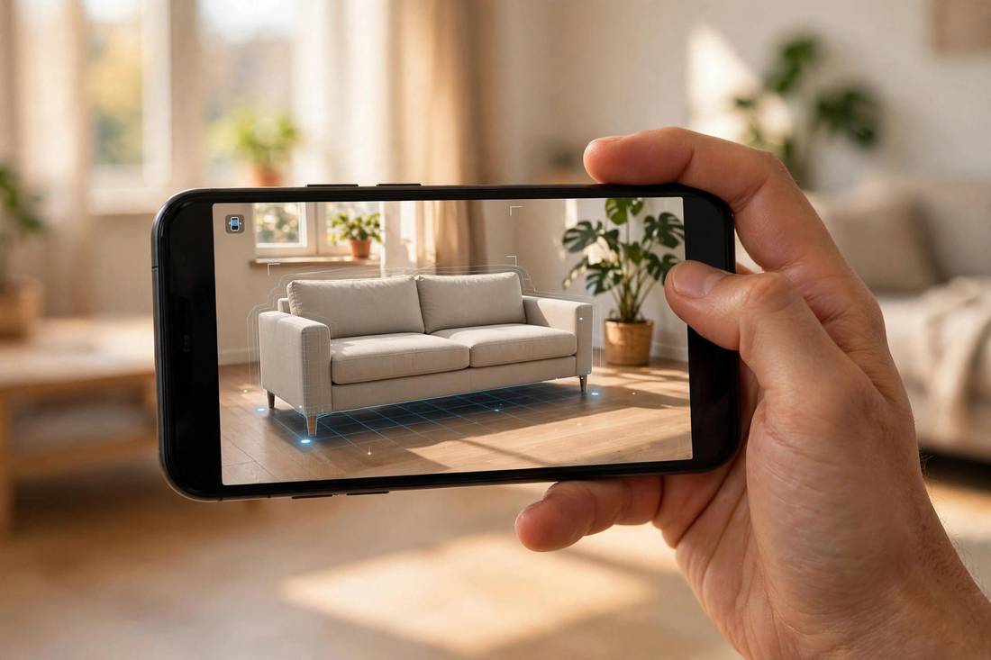 Shopper holding a smartphone showing a sofa at true size in their living room through augmented reality