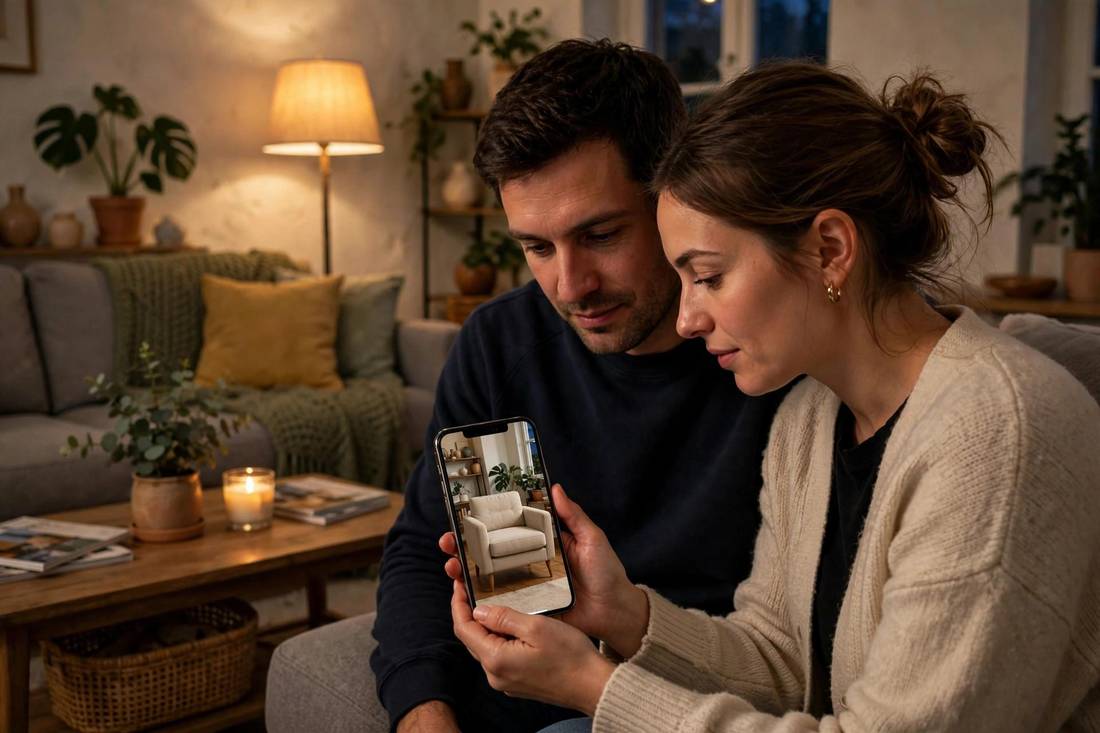 Couple at home in the evening looking at a phone showing an armchair at true size in their living room