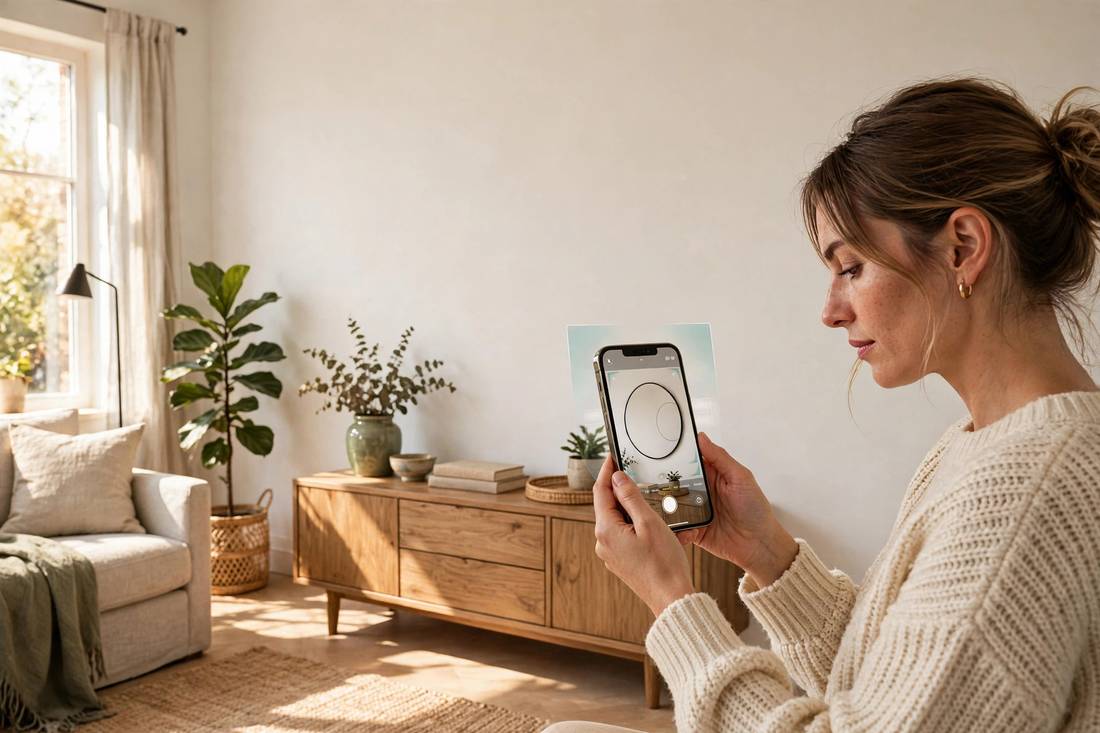 Large round wall mirror in a bright living room beside a smartphone showing the same mirror in true-to-size AR